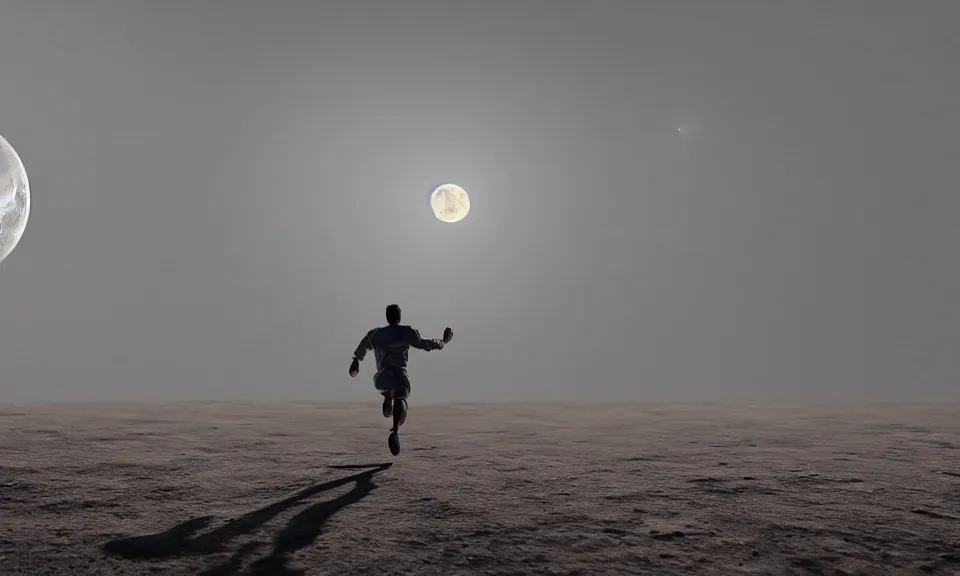 Image similar to A man running towards the moon,featured in artstation, cinematic, elegant, , 8k