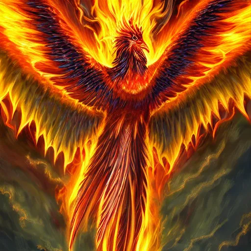 Prompt: hyperdetailed image of a phoenix with its full body flaming and wings spread 8 k extremely detailed hd hyperrealism fiery extremely accurate