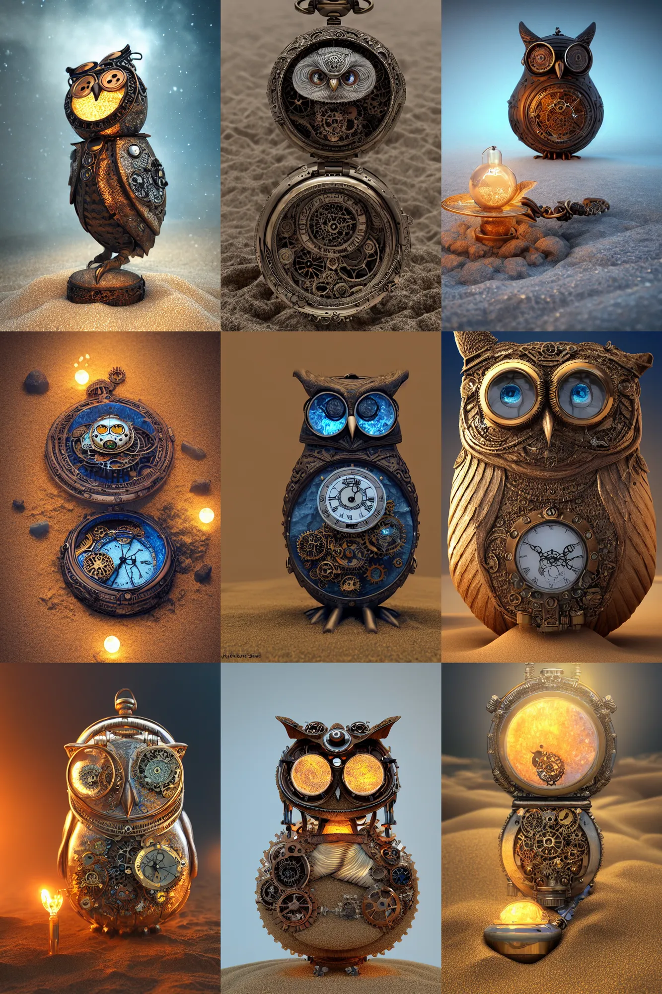 Prompt: steampunk owl pocketwatch buried in sand, intricate detail, himalayan rocksalt lamp, volumetric lighting, epic composition, hyper detailed, ultra realistic, sharp focus, octane render, volumetric, blue moon, ray tracing, artstation trending, cgsociety, sense of awe, swirling mist, 4 k