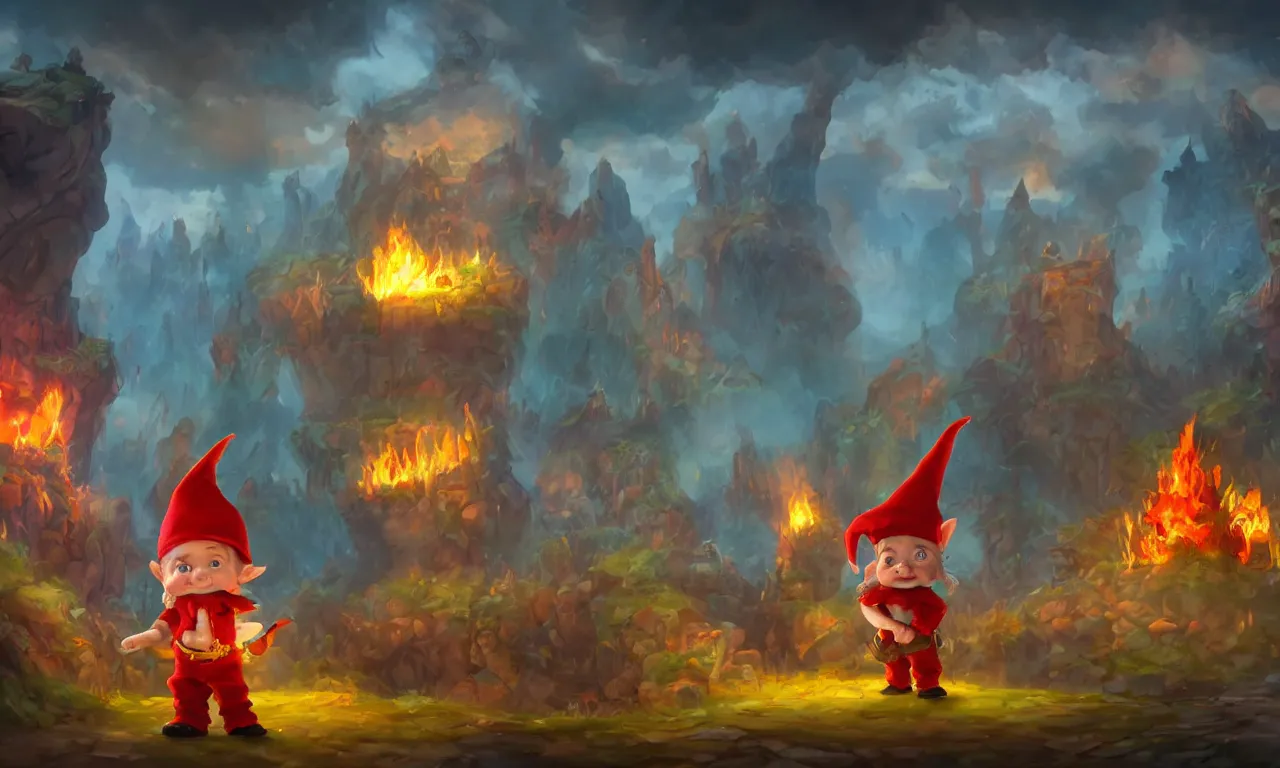 Prompt: wide shot of a fantasy world on fire in the distance, on the right stands an innocent cartoony gnome man with a red hat, overalls and a white beard, in the foreground, he has a devastated expression, digital art, 4 k, cartoon, fantasy world, dramatic lighting