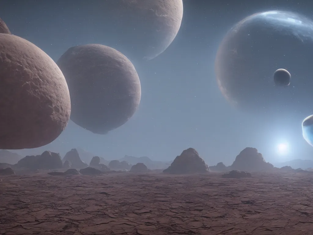 Image similar to a distant desert dystopian earth floating in outer space with full planet in view, dusty unreal engine, hyperrealistic, Cryengine 8k UHD