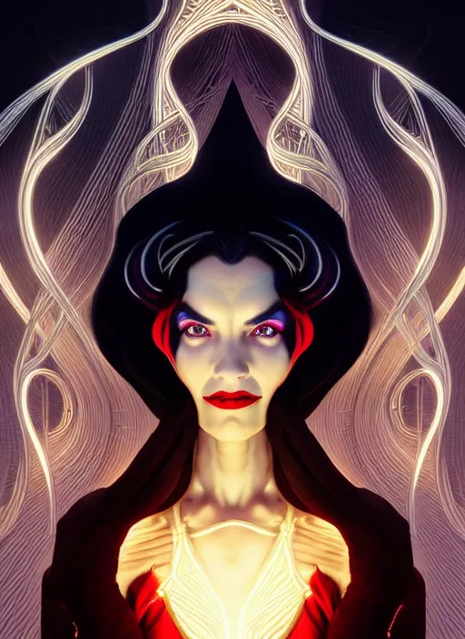 Prompt: symmetry portrait of cruella de vil, glowing lights, intricate, elegant, highly detailed, digital painting, artstation, concept art, smooth, sharp focus, illustration, art by artgerm and greg rutkowski and alphonse mucha