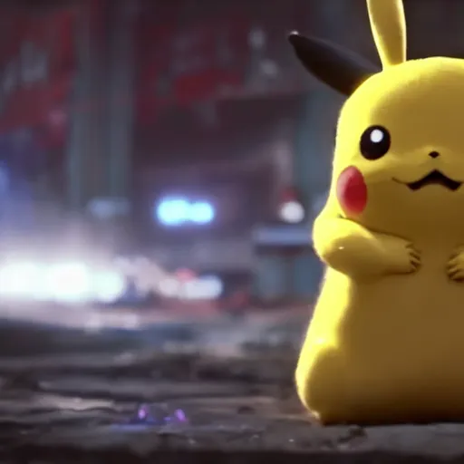 Image similar to Pikachu in Gears of War, splash art, movie still, cinematic lighting, dramatic, octane render, long lens, shallow depth of field, bokeh, anamorphic lens flare, 8k, hyper detailed, 35mm film grain