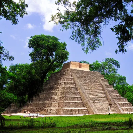 Prompt: maya pyramid next to a river near a camp