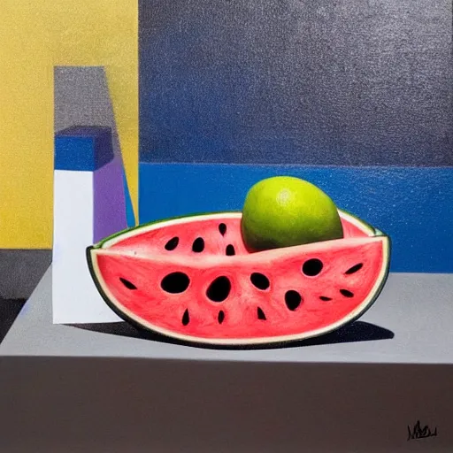 Prompt: * * < < https : / / s. mj. run / 9 5 jduf _ n 2 1 e > > > tania marmolejo imagines a still life painting made of geometric forms and shapes in a dark material, fruit, watermelon and a skull, organized in a joseph cornell box, poetic meaning, glass render, smooth style