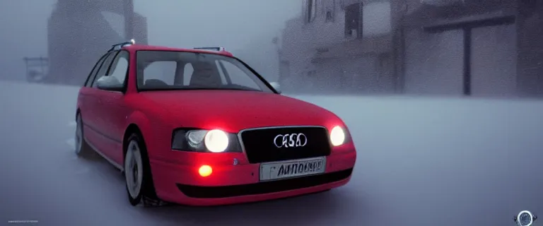 Image similar to Audi A4 B6 Avant (2002), a gritty neo-noir, dramatic lighting, cinematic, eerie person, death, homicide, homicide in the snow, gunshots, establishing shot, extremely high detail, photorealistic, red mist, red fog, chaos, arson, burning city, cinematic lighting, artstation, by simon stalenhag, Max Payne (PC) (2001) winter New York at night, In the style of Max Payne 1 graphic novel, flashing lights, Poets of the Fall - Late Goodbye