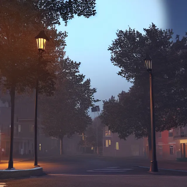 Image similar to night time photo of portsmouth new hampshire on halloween, tall maple trees along street, old street lamps, volumetric, realistic, cinematic lighting, ray tracing, unreal engine 5, octane render, hyper realistic, 8 k