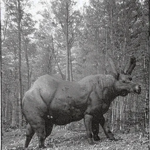 Image similar to scary unproportionally large creature in the woods, 1900s picture