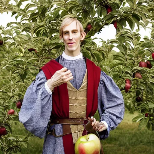 Prompt: portrait of a slender elven man, standing in an apple orchard, dressed in medieval style, very handsome, dungeons and dragons