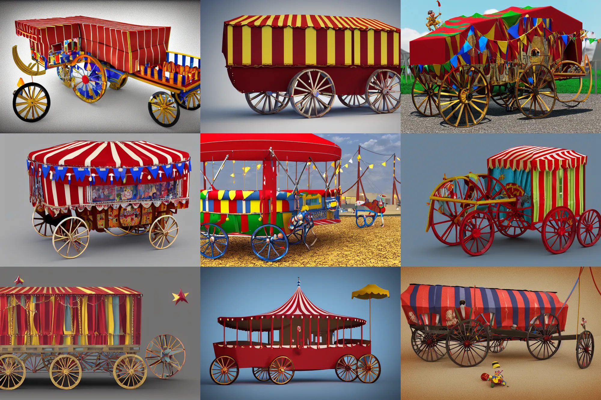 Prompt: 3d render of a circus wagon, artstaton, digital illustration