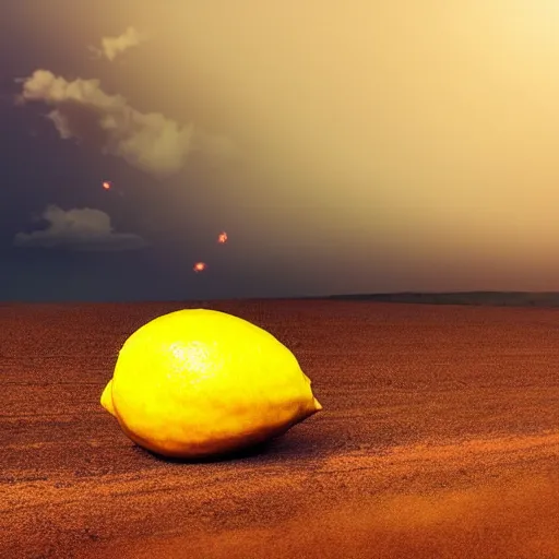 Prompt: a giant lemon hitting the earth creating an explosion