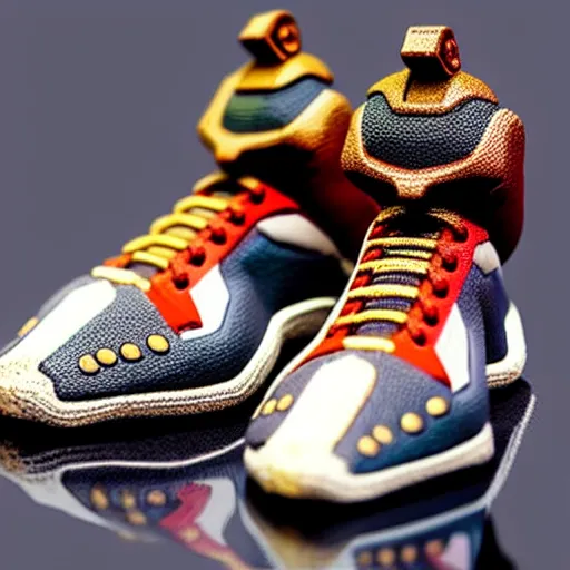 Image similar to realistic scultpure of sneaker! design, sneaker design overwatch fantasy style mixed with aztec mayan native street fashion, focus on sneakers only, shoes designed by akira toriyama and studio ghibli