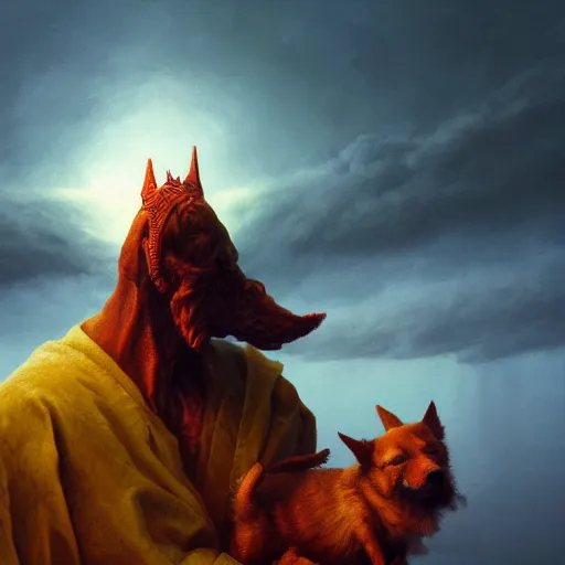 Prompt: the lord satan holding a puppy in heaven, oil painting, octane render, sharp focus, trending on Artstation, unreal engine 5, 4k, beksinski, highly detailed