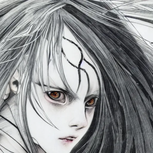 Prompt: yoshitaka amano realistic illustration of an anime girl with black eyes, wavy white hair fluttering in the wind and cracks on her face wearing elden ring armour with engraving, abstract black and white patterns on the background, noisy film grain effect, highly detailed, renaissance oil painting, weird portrait angle, blurred and dreamy portrait, three quarter angle portrait