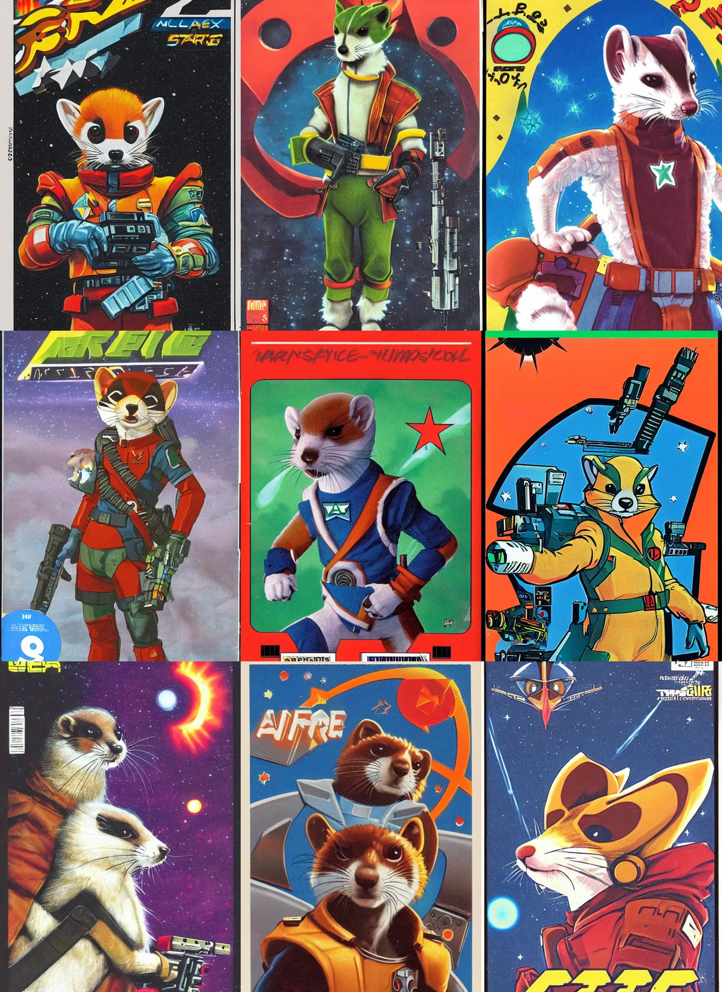 Prompt: 1 9 8 0 s video game art portrait of anthropomorphic stoat from starfox fursona furry stoat in a space mercenary uniform, looking heroic, magazine scan, 8 0 s game box art