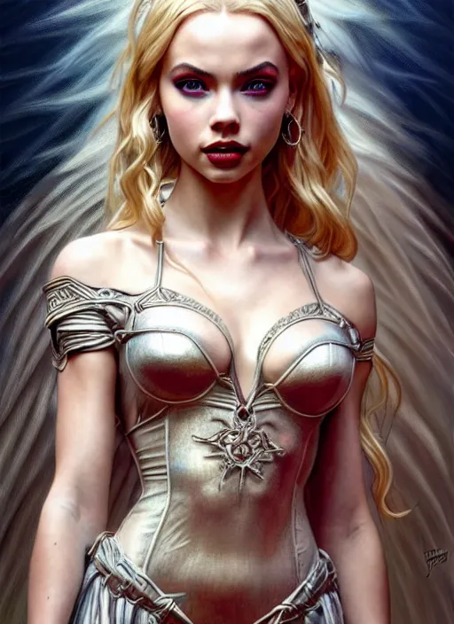 Image similar to ultra realistic illustration, a stunningly beautiful greek gothic goddess of chaos played by jordyn jones and dove cameron and margot robbie and taylor swift and megan fox, adriana lima, intricate, elegant, highly detailed, digital painting, artstation, concept art, smooth, sharp focus, illustration, art by artgerm and greg rutkowski and alphonse mucha