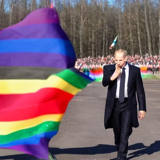 Prompt: Vladimir Putin waving an LGBT flag