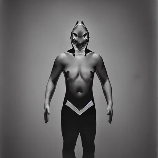 Image similar to a shark / human hybrid, studio medium format photograph