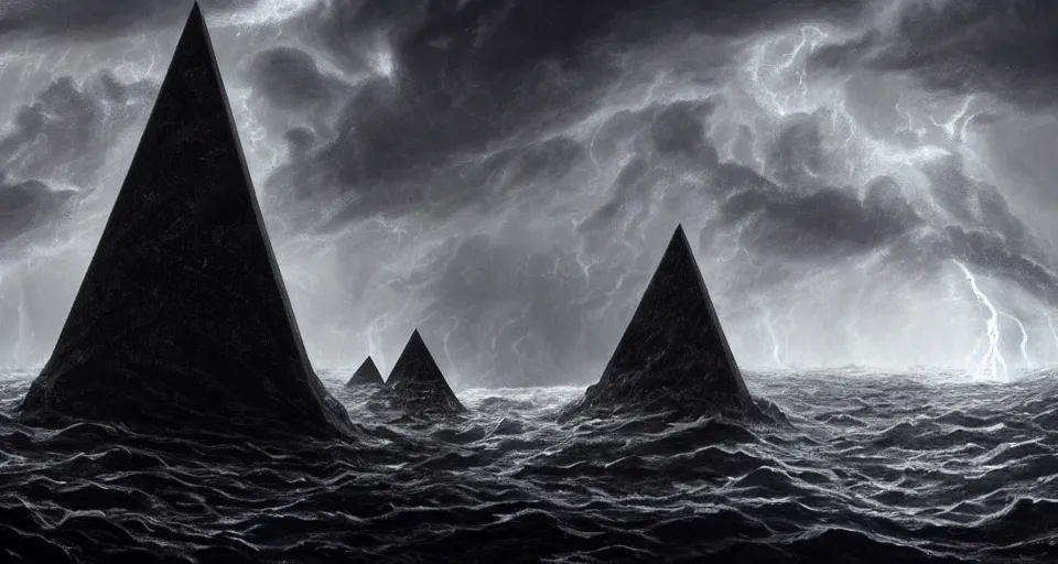 Prompt: black lovecraftian eldritch!! obsidian pyramid!! with a man standing on top of it on a snowy island, raging stormy seas, shadow of a creature in the background by eugene von guerard, ivan shishkin, night, red lightning!!, storm!, dramatic lighting, concept art, trending on artstation, 8 k