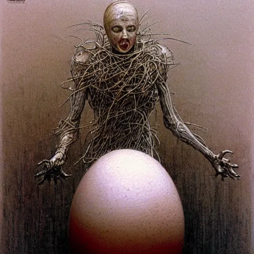 Image similar to egg humpty dumpty front view by by luis royo and wayne barlowe, beksinski