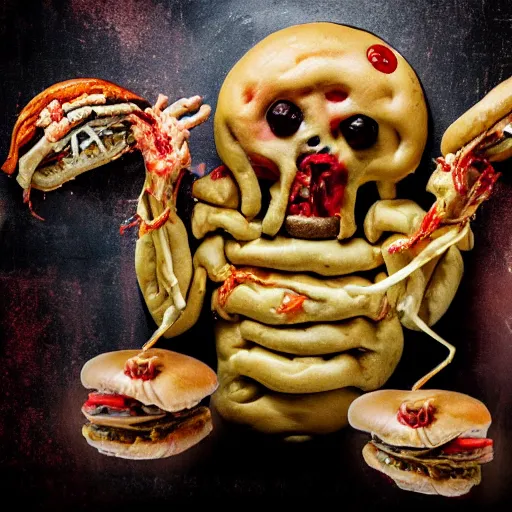 Image similar to a humanoid bipedal upright zombie that strongly resembles a hamburger, professional food photography