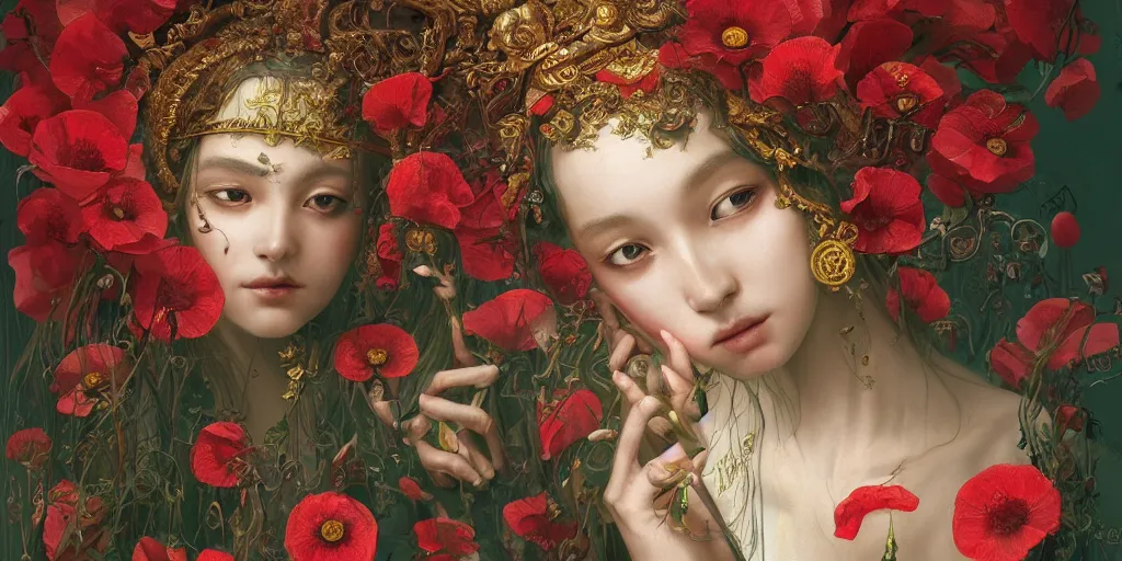 Image similar to breathtaking detailed concept art painting of the goddess of poppy flowers, orthodox saint, with anxious, piercing eyes, ornate background, amalgamation of leaves and flowers, by hsiao - ron cheng, extremely moody lighting, 8 k