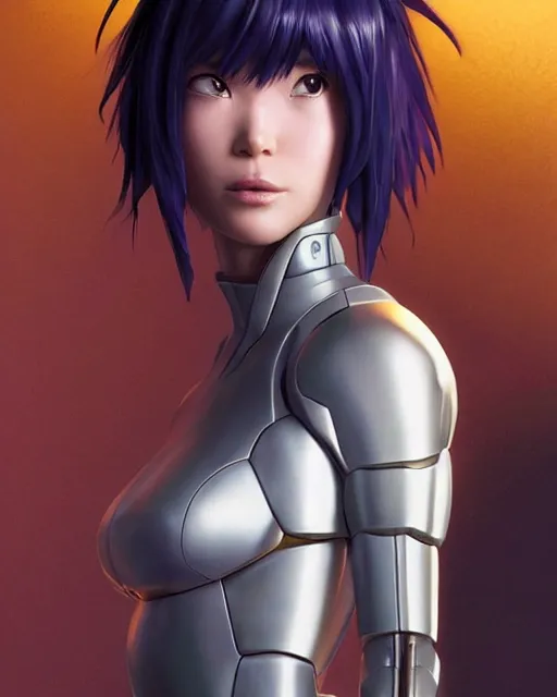 Image similar to weta disney pixar movie still portrait photo of motoko kusanagi the major ghost in the shell : : as cyborg woman by pixar : : by weta, wlop, ilya kuvshinov, rossdraws, artgerm, maxim cover, octane render, anime, octane render, 3 d, volumetric lighting, anti aliasing, raytracing : :