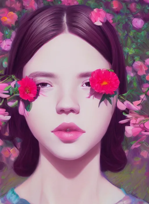 Image similar to still from music video, beautiful women blindfold, flowers, street clothes, full figure portrait painting by martine johanna, ilya kuvshinov, rossdraws, pastel color palette, 2 4 mm lens