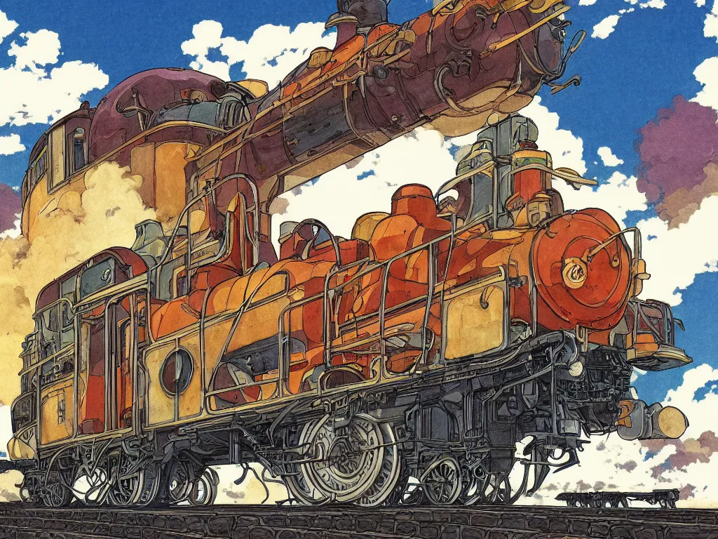 Image similar to cross - section close - up sideview of a steam anime train, autumn light, colorful, nausicaa of the valley of the wind, beautiful, by studio ghibli, digital art, concept art, manga, cute and adorable, illustration