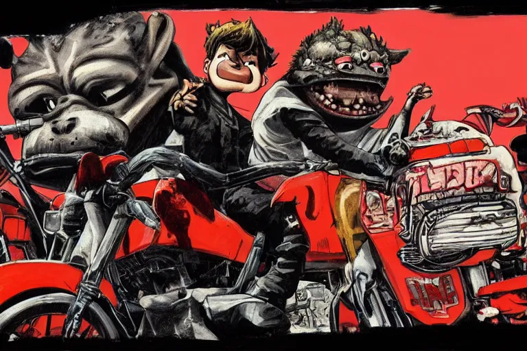 Prompt: 'pizza the hut', akira's motorcycle, gorillaz, poster, high quality