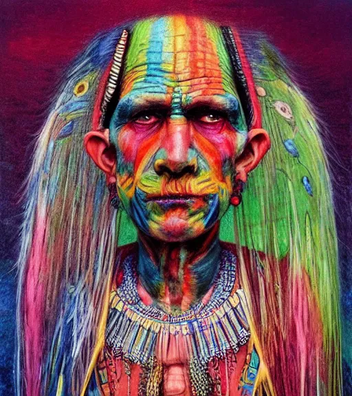 Image similar to Portrait painting in a style of Beksinski mixed with Alex Grey of an old shaman dressed in a colorful traditional clothes.