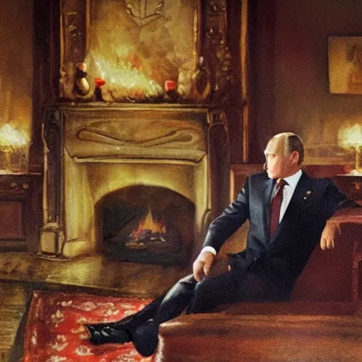 Image similar to vladimir putin in a waistcoat staring at a log fire jelious girlfriend, 1 5 0 mm lighting effect