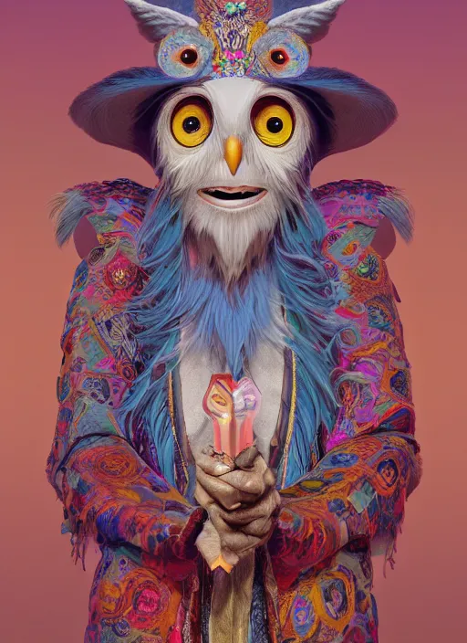 Image similar to an anthropomorphic beautiful goddess male wizard made of owl portrait holding a staff wearing colourful robe, fine art, award winning, intricate, elegant, sharp focus, octane render, hyperrealistic, cinematic lighting, highly detailed, digital painting, 8 k concept art, art by jamie hewlett and z. w. gu, masterpiece, trending on artstation, 8 k