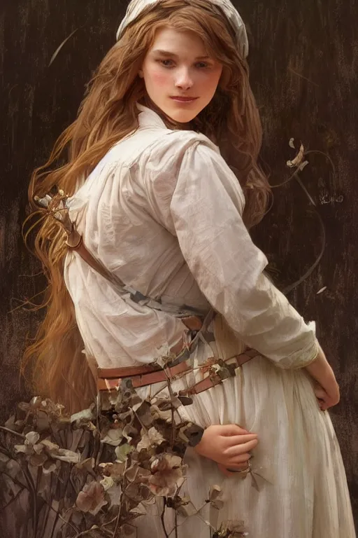 Image similar to beautiful cottagecore young peasant maiden, innocent, intricate, elegant, highly detailed, digital painting, artstation, concept art, smooth, sharp focus, illustration, art by artgerm and greg rutkowski and alphonse mucha