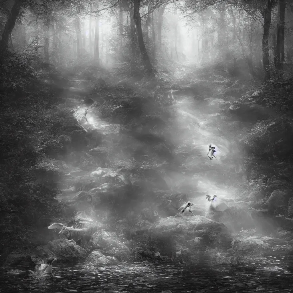 Image similar to an angel chasing a child through a creek in the woods, bad dream, hazy memory, volumetric, hyper realistic, octane render, dark black and white in the style of alvin schwartz, epic angles