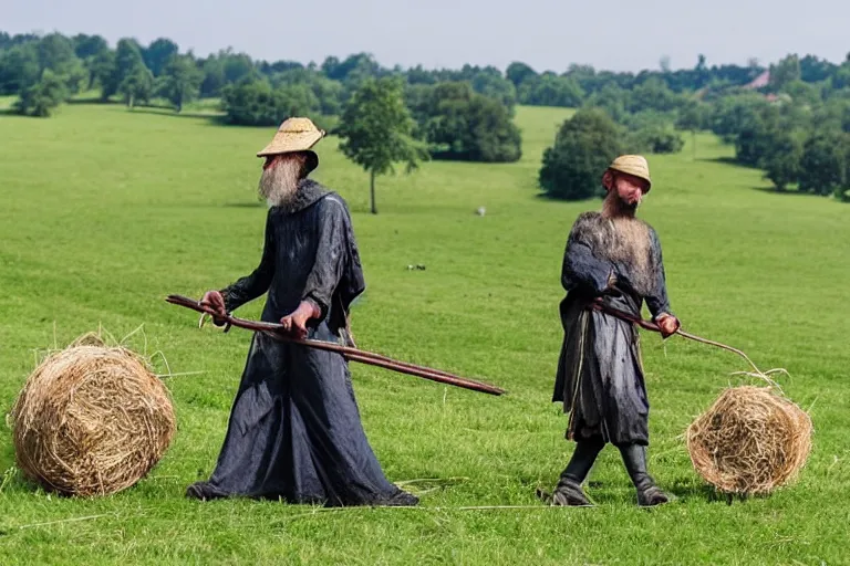 Prompt: man with scythe, medieval art, mowing of the hay, drmatic ligthing, traditional romanian clothes, woodstock festival