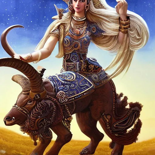 Image similar to a goddess riding a ram while checking her cell phone. fantasy art for the zodiac sign aries by senior concept artist josaphine wall, acrylic on canvas, intricately detailed, high resolution trending on artstation