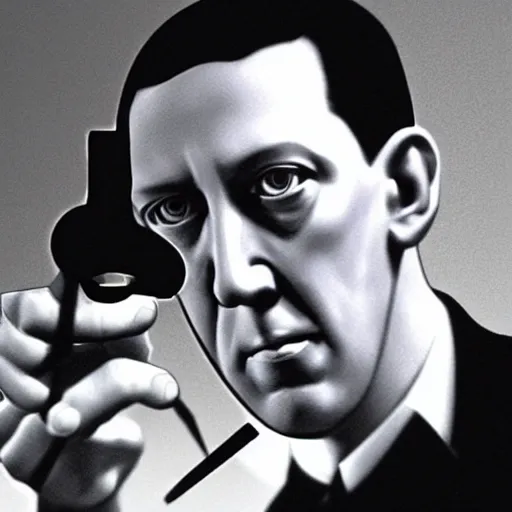 Prompt: h p lovecraft holding up an eyeball during an interview, artstation, detailed