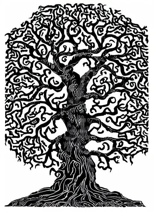 Image similar to gnarled tree of life on white background with white space around the tree, art by james o barr and albrecht durer, woodblock print, engraved, black and white, vector, vector art