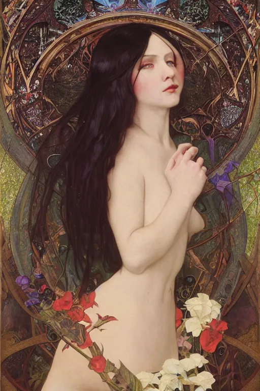 Image similar to masterpiece painting of ephemeral vampire raven haired girl by donato giancola, darius zawadzki and tom bagshaw, face by artgerm and edmund leighton, alphonse mucha, background by james jean and gustav klimt, 8 k, horror, dark color palette, volumetric lighting, porcelain skin, french nouveau, trending on pixiv