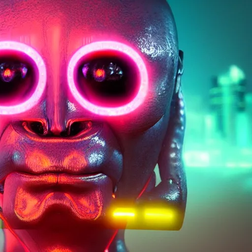 Image similar to synthwave insect alien face with neon tattos, detailed face, sharp focus, synthwave art, aesthetic, octane render, raw, cinematic