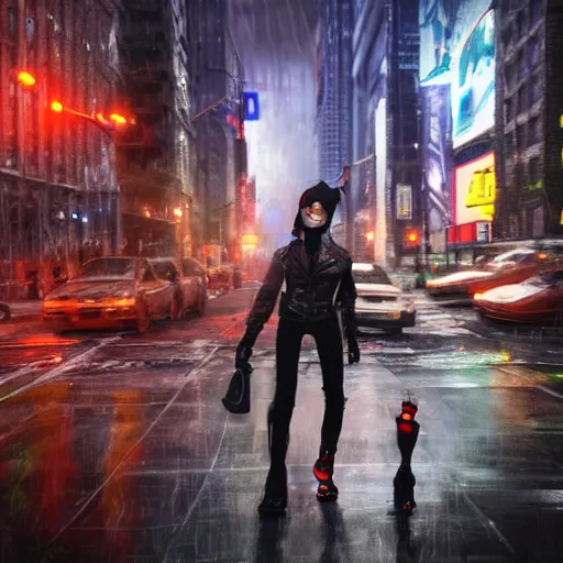 Image similar to a grungy cyborg kitten walks in NYC street in a rainy day among other people, led lights around the place, digital painting, ultra detailed, unreal engine 5,