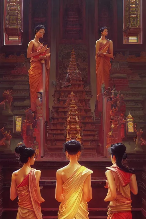 Image similar to temple, buddhism, painting by greg rutkowski, j. c. leyendecker, artgerm