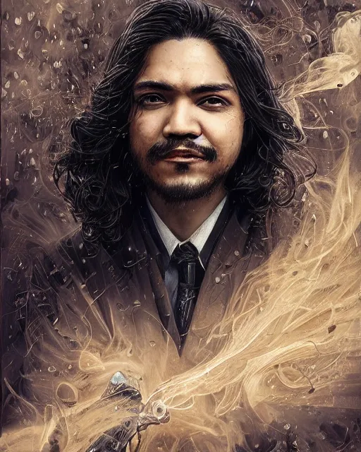 Image similar to a highly detailed portrait of carlos valdes radiating a powerful energy aura, ornate black tuxedo, no mustache, no beard, long hair, wispy tendrils of smoke, intricate, digital painting, old english, raining, sepia, particles floating, whimsical background by marc simonetti, artwork by liam wong