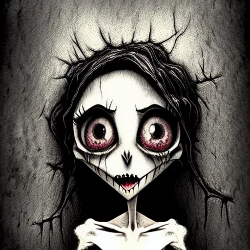 Image similar to grunge cartoon drawing of a plushie by - michael karcz , in the style of corpse bride, loony toons style, horror themed, detailed, elegant, intricate