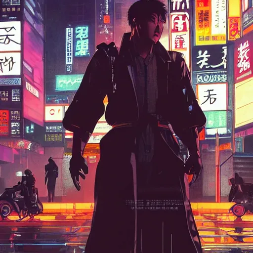 Prompt: a male japanese cyberpunk android, wide shot, finely detailed features, cyborg robot parts with glowing lights!, dramatic cinematic, night, at cyberpunk city, ghost in the shell, akira, noir, painted by greg rutkowski makoto shinkai takashi takeuchi craig mullins, alphonse mucha, studio ghibli, pixiv