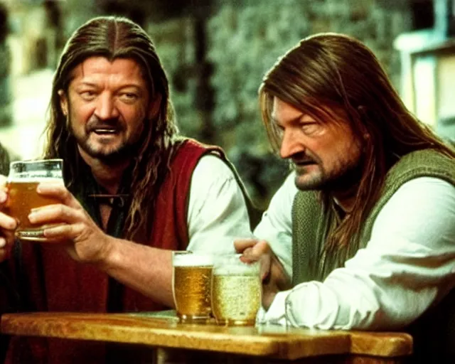 Image similar to Ned Stark and Boromir drinking beer in a pub, Film still, high detail