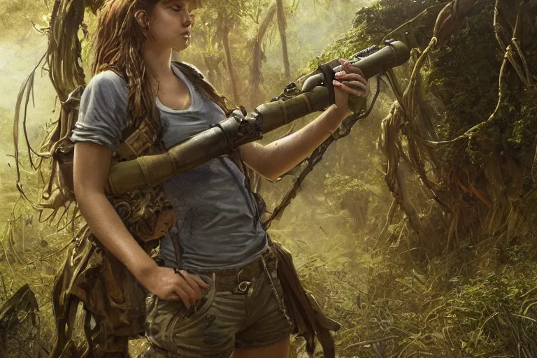 Image similar to artstation concept of a beautiful adventurous girl holding a machine pistol, sweaty skin, symmetrical face, high body detail, ripped up field fatigues, torn open shirt, jungle background with ruins, vines, hyperdetailed, artstation trending, world renowned artists, worth1000.com, cgsociety, by greg rutkowski, by Gustave Doré, by Marco Turini, by Artgerm, Deviantart in the style of Tom Bagshaw, Cedric Peyravernay, Peter Mohrbacher