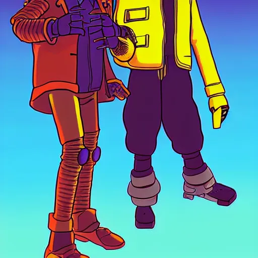 Image similar to a study of cell shaded cartoon of daft punk in the style of howl's moving castle ( 2 0 0 4 ) on a desert road, full body, wide shot, post grunge, studio ghibli, laurie greasley, highly detailed, deviantart, art by artgem