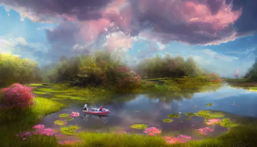 Image similar to a garden gnome sails across a pond in a bucket, dramatic pink clouds, blue sky, jessica rossier, art station